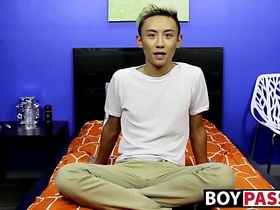 Asian twink strips naked and masturbates after an interview